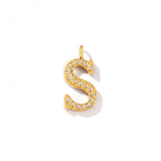 Picture of 2 PCs Eco-friendly PVD Vacuum Plating 316 Stainless Steel Capital Alphabet Initial Letter Name Charms 18K Gold Plated Message " S " Micro Pave Clear Rhinestone 14mm x 7mm