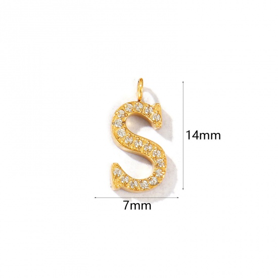 Picture of 2 PCs Eco-friendly PVD Vacuum Plating 316 Stainless Steel Capital Alphabet Initial Letter Name Charms 18K Gold Plated Message " S " Micro Pave Clear Rhinestone 14mm x 7mm