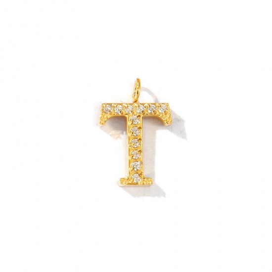 Picture of 2 PCs Eco-friendly PVD Vacuum Plating 316 Stainless Steel Capital Alphabet Initial Letter Name Charms 18K Gold Plated Message " T " Micro Pave Clear Rhinestone 13mm x 9mm