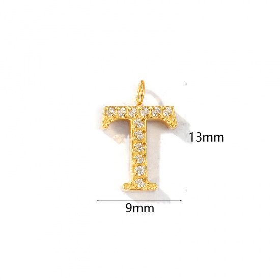Picture of 2 PCs Eco-friendly PVD Vacuum Plating 316 Stainless Steel Capital Alphabet Initial Letter Name Charms 18K Gold Plated Message " T " Micro Pave Clear Rhinestone 13mm x 9mm