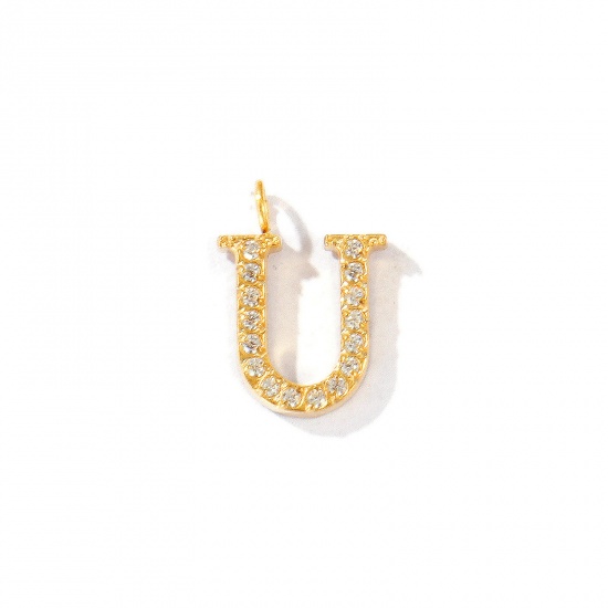 Picture of 2 PCs Eco-friendly PVD Vacuum Plating 316 Stainless Steel Capital Alphabet Initial Letter Name Charms 18K Gold Plated Message " U " Micro Pave Clear Rhinestone 13mm x 9mm