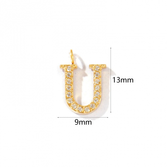 Picture of 2 PCs Eco-friendly PVD Vacuum Plating 316 Stainless Steel Capital Alphabet Initial Letter Name Charms 18K Gold Plated Message " U " Micro Pave Clear Rhinestone 13mm x 9mm