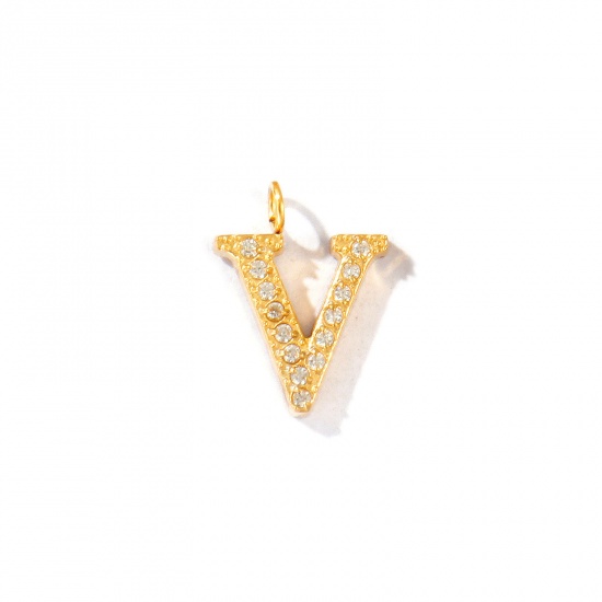 Picture of 2 PCs Eco-friendly PVD Vacuum Plating 316 Stainless Steel Capital Alphabet Initial Letter Name Charms 18K Gold Plated Message " V " Micro Pave Clear Rhinestone 13mm x 10mm