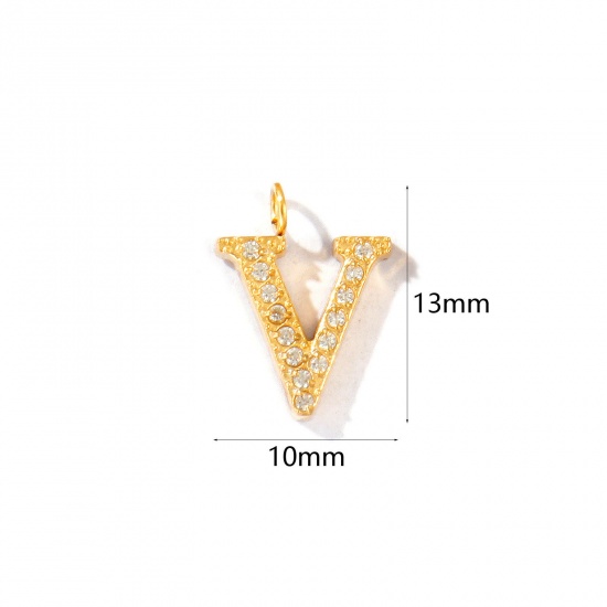 Picture of 2 PCs Eco-friendly PVD Vacuum Plating 316 Stainless Steel Capital Alphabet Initial Letter Name Charms 18K Gold Plated Message " V " Micro Pave Clear Rhinestone 13mm x 10mm