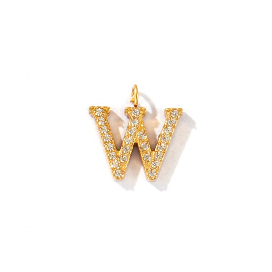 Picture of 2 PCs Eco-friendly PVD Vacuum Plating 316 Stainless Steel Capital Alphabet Initial Letter Name Charms 18K Gold Plated Message " W " Micro Pave Clear Rhinestone 13mm x 12mm