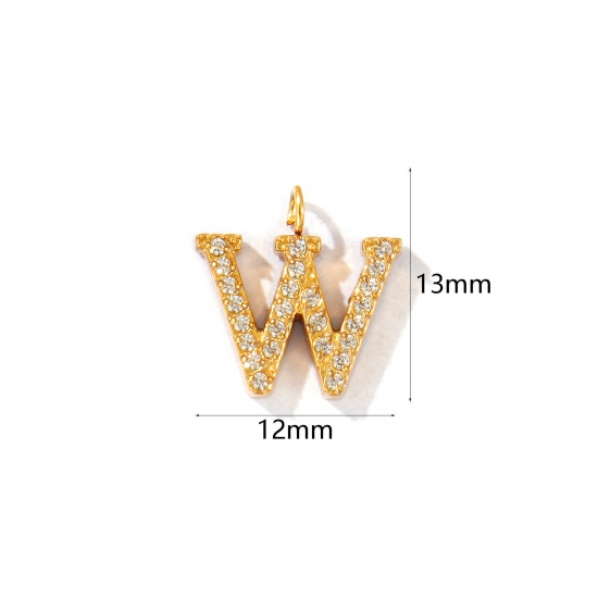 Picture of 2 PCs Eco-friendly PVD Vacuum Plating 316 Stainless Steel Capital Alphabet Initial Letter Name Charms 18K Gold Plated Message " W " Micro Pave Clear Rhinestone 13mm x 12mm