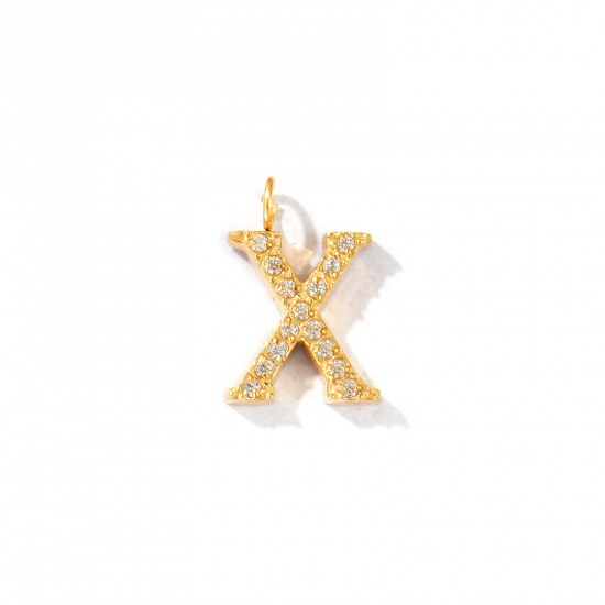 Picture of 2 PCs Eco-friendly PVD Vacuum Plating 316 Stainless Steel Capital Alphabet Initial Letter Name Charms 18K Gold Plated Message " X " Micro Pave Clear Rhinestone 13mm x 9mm