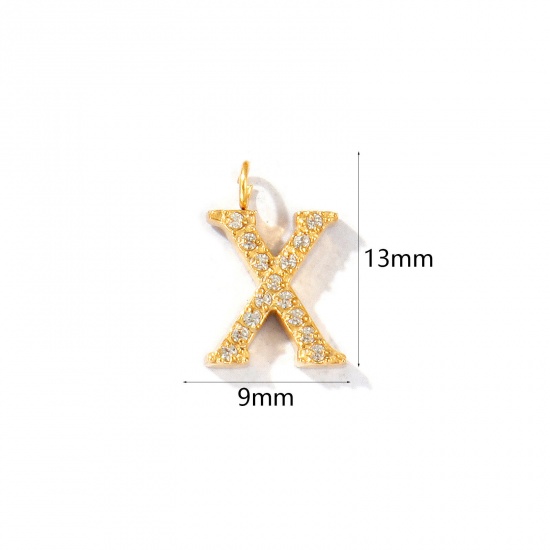 Picture of 2 PCs Eco-friendly PVD Vacuum Plating 316 Stainless Steel Capital Alphabet Initial Letter Name Charms 18K Gold Plated Message " X " Micro Pave Clear Rhinestone 13mm x 9mm