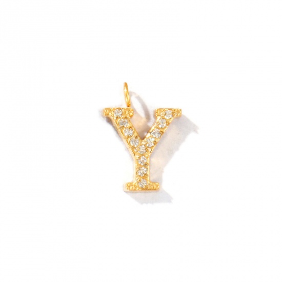 Picture of 2 PCs Eco-friendly PVD Vacuum Plating 316 Stainless Steel Capital Alphabet Initial Letter Name Charms 18K Gold Plated Message " Y " Micro Pave Clear Rhinestone 12.5mm x 9mm