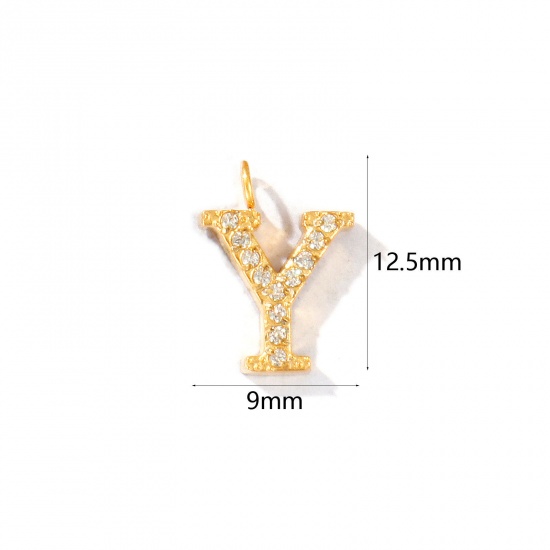 Picture of 2 PCs Eco-friendly PVD Vacuum Plating 316 Stainless Steel Capital Alphabet Initial Letter Name Charms 18K Gold Plated Message " Y " Micro Pave Clear Rhinestone 12.5mm x 9mm