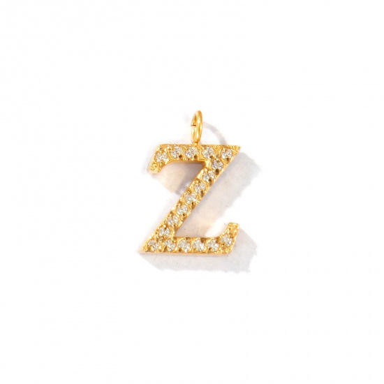 Picture of 2 PCs Eco-friendly PVD Vacuum Plating 316 Stainless Steel Capital Alphabet Initial Letter Name Charms 18K Gold Plated Message " Z " Micro Pave Clear Rhinestone 13mm x 9mm