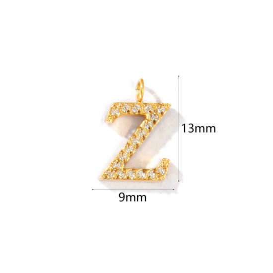 Picture of 2 PCs Eco-friendly PVD Vacuum Plating 316 Stainless Steel Capital Alphabet Initial Letter Name Charms 18K Gold Plated Message " Z " Micro Pave Clear Rhinestone 13mm x 9mm