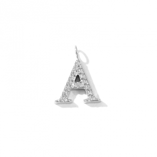 Picture of 2 PCs Eco-friendly 304 Stainless Steel Capital Alphabet Initial Letter Name Charms Silver Tone Message " A " Micro Pave Clear Rhinestone 13mm x 10mm