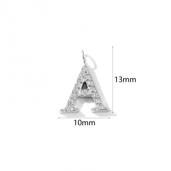 Picture of 2 PCs Eco-friendly 304 Stainless Steel Capital Alphabet Initial Letter Name Charms Silver Tone Message " A " Micro Pave Clear Rhinestone 13mm x 10mm