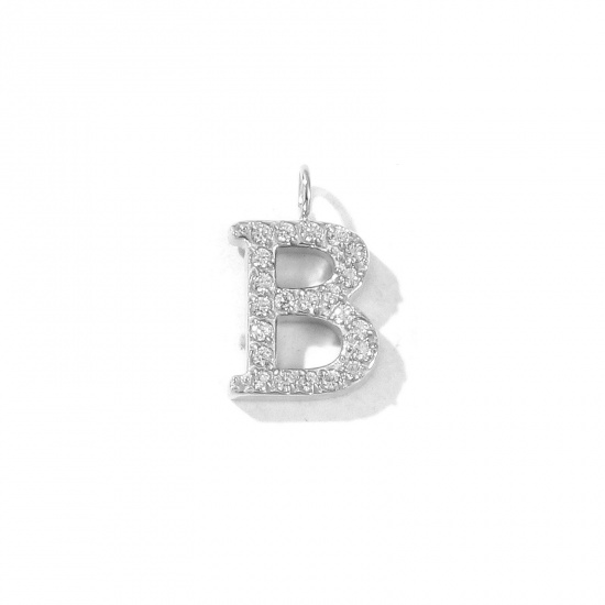 Picture of 2 PCs Eco-friendly 304 Stainless Steel Capital Alphabet Initial Letter Name Charms Silver Tone Message " B " Micro Pave Clear Rhinestone 12mm x 8mm