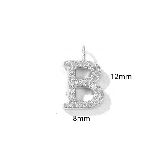 Picture of 2 PCs Eco-friendly 304 Stainless Steel Capital Alphabet Initial Letter Name Charms Silver Tone Message " B " Micro Pave Clear Rhinestone 12mm x 8mm