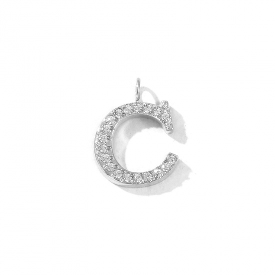 Picture of 2 PCs Eco-friendly 304 Stainless Steel Capital Alphabet Initial Letter Name Charms Silver Tone Message " C " Micro Pave Clear Rhinestone 13mm x 10mm