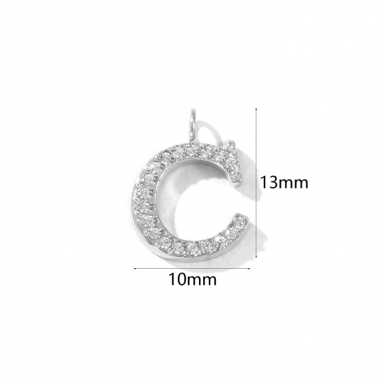 Picture of 2 PCs Eco-friendly 304 Stainless Steel Capital Alphabet Initial Letter Name Charms Silver Tone Message " C " Micro Pave Clear Rhinestone 13mm x 10mm
