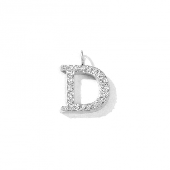 Picture of 2 PCs Eco-friendly 304 Stainless Steel Capital Alphabet Initial Letter Name Charms Silver Tone Message " D " Micro Pave Clear Rhinestone 12.5mm x 10mm
