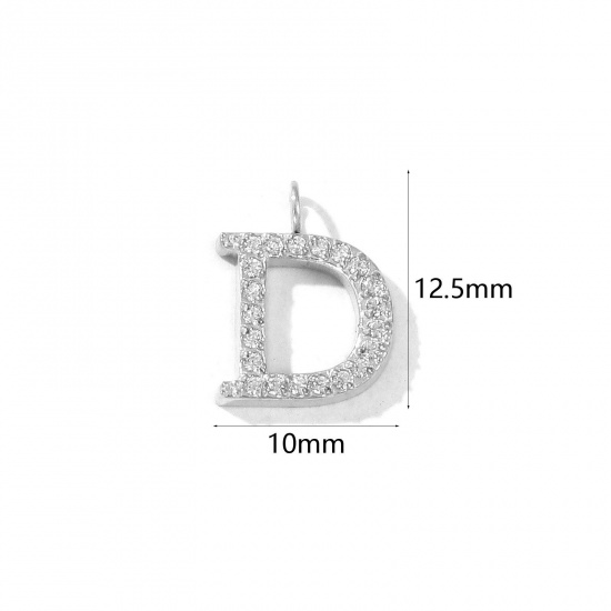 Picture of 2 PCs Eco-friendly 304 Stainless Steel Capital Alphabet Initial Letter Name Charms Silver Tone Message " D " Micro Pave Clear Rhinestone 12.5mm x 10mm