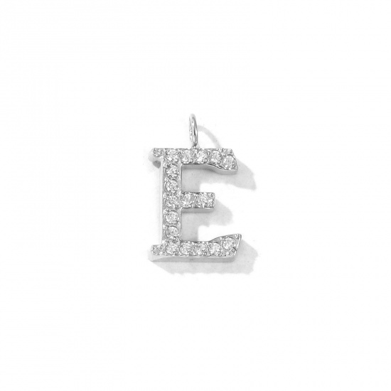 Picture of 2 PCs Eco-friendly 304 Stainless Steel Capital Alphabet Initial Letter Name Charms Silver Tone Message " E " Micro Pave Clear Rhinestone 13mm x 8mm