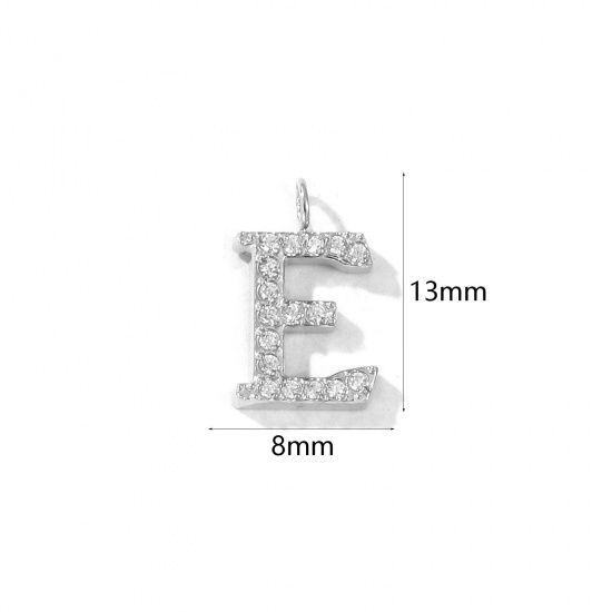 Picture of 2 PCs Eco-friendly 304 Stainless Steel Capital Alphabet Initial Letter Name Charms Silver Tone Message " E " Micro Pave Clear Rhinestone 13mm x 8mm