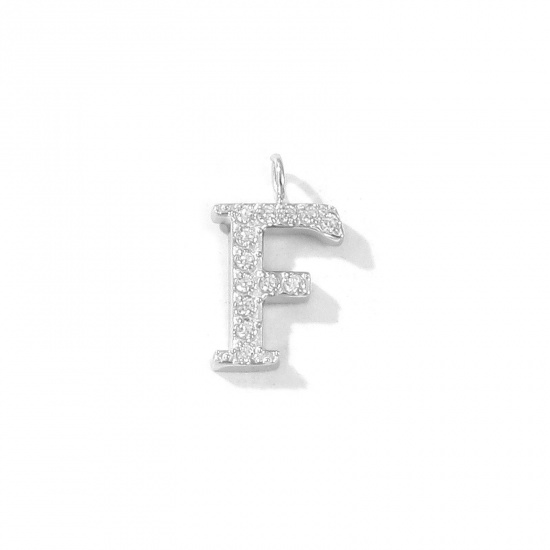 Picture of 2 PCs Eco-friendly 304 Stainless Steel Capital Alphabet Initial Letter Name Charms Silver Tone Message " F " Micro Pave Clear Rhinestone 13mm x 8mm