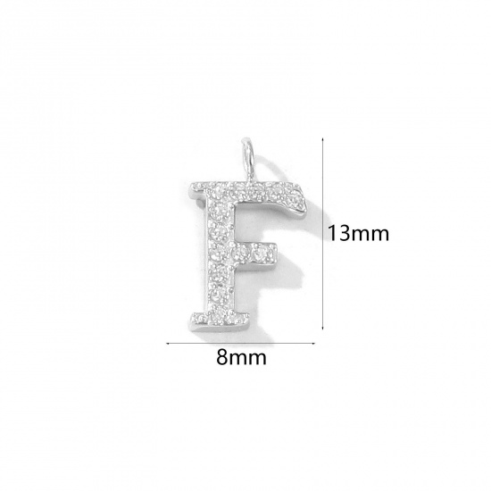 Picture of 2 PCs Eco-friendly 304 Stainless Steel Capital Alphabet Initial Letter Name Charms Silver Tone Message " F " Micro Pave Clear Rhinestone 13mm x 8mm