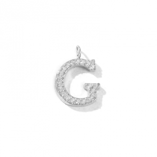 Picture of 2 PCs Eco-friendly 304 Stainless Steel Capital Alphabet Initial Letter Name Charms Silver Tone Message " G " Micro Pave Clear Rhinestone 14mm x 10mm