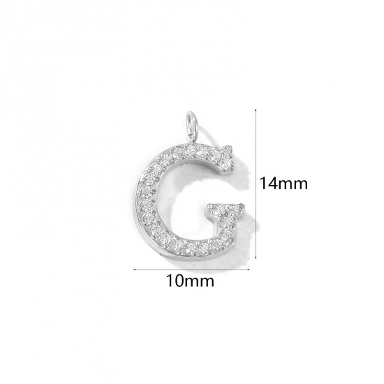 Picture of 2 PCs Eco-friendly 304 Stainless Steel Capital Alphabet Initial Letter Name Charms Silver Tone Message " G " Micro Pave Clear Rhinestone 14mm x 10mm