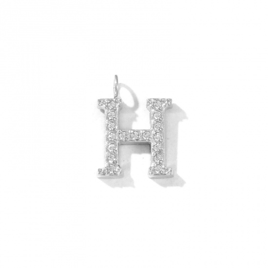 Picture of 2 PCs Eco-friendly 304 Stainless Steel Capital Alphabet Initial Letter Name Charms Silver Tone Message " H " Micro Pave Clear Rhinestone 13mm x 9mm