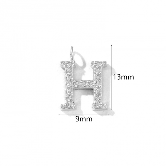 Picture of 2 PCs Eco-friendly 304 Stainless Steel Capital Alphabet Initial Letter Name Charms Silver Tone Message " H " Micro Pave Clear Rhinestone 13mm x 9mm
