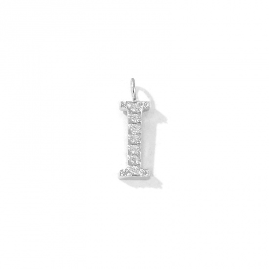Picture of 2 PCs Eco-friendly 304 Stainless Steel Capital Alphabet Initial Letter Name Charms Silver Tone Message " I " Micro Pave Clear Rhinestone 13mm x 4mm