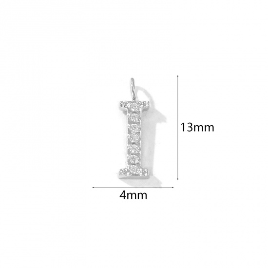 Picture of 2 PCs Eco-friendly 304 Stainless Steel Capital Alphabet Initial Letter Name Charms Silver Tone Message " I " Micro Pave Clear Rhinestone 13mm x 4mm