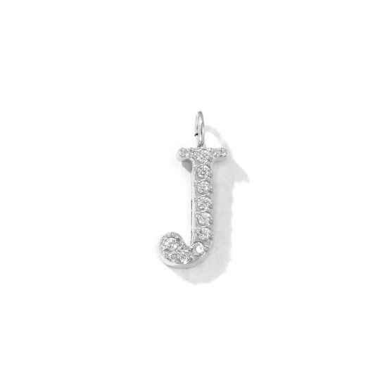 Picture of 2 PCs Eco-friendly 304 Stainless Steel Capital Alphabet Initial Letter Name Charms Silver Tone Message " J " Micro Pave Clear Rhinestone 13mm x 6mm