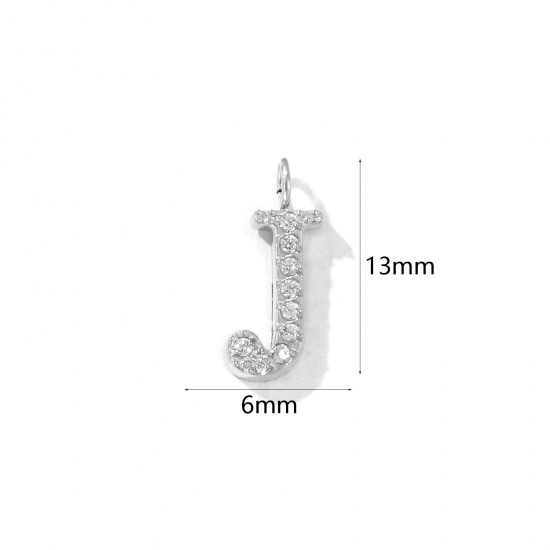 Picture of 2 PCs Eco-friendly 304 Stainless Steel Capital Alphabet Initial Letter Name Charms Silver Tone Message " J " Micro Pave Clear Rhinestone 13mm x 6mm