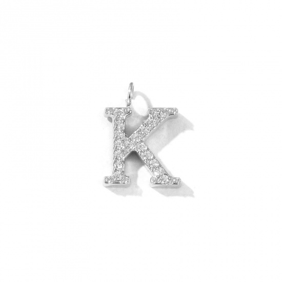 Picture of 2 PCs Eco-friendly 304 Stainless Steel Capital Alphabet Initial Letter Name Charms Silver Tone Message " K " Micro Pave Clear Rhinestone 12.5mm x 9mm