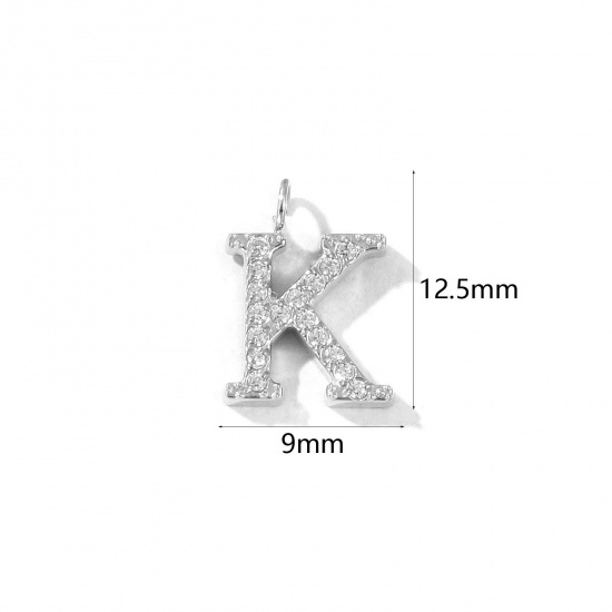 Picture of 2 PCs Eco-friendly 304 Stainless Steel Capital Alphabet Initial Letter Name Charms Silver Tone Message " K " Micro Pave Clear Rhinestone 12.5mm x 9mm