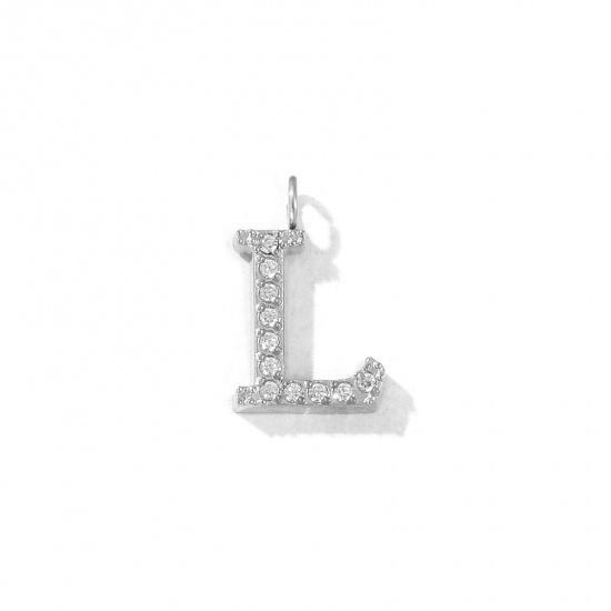 Picture of 2 PCs Eco-friendly 304 Stainless Steel Capital Alphabet Initial Letter Name Charms Silver Tone Message " L " Micro Pave Clear Rhinestone 13mm x 8mm