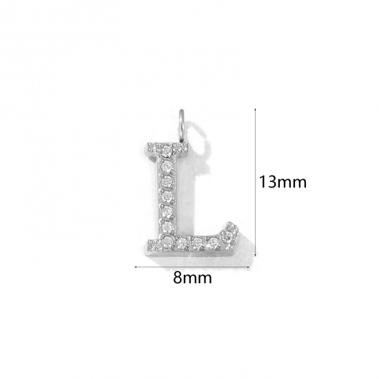 Picture of 2 PCs Eco-friendly 304 Stainless Steel Capital Alphabet Initial Letter Name Charms Silver Tone Message " L " Micro Pave Clear Rhinestone 13mm x 8mm