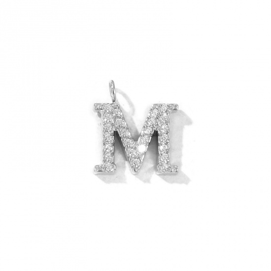 Picture of 2 PCs Eco-friendly 304 Stainless Steel Capital Alphabet Initial Letter Name Charms Silver Tone Message " M " Micro Pave Clear Rhinestone 12mm x 11mm