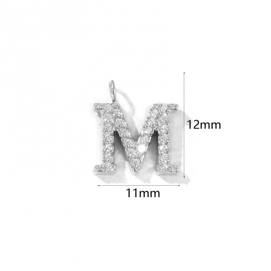 Picture of 2 PCs Eco-friendly 304 Stainless Steel Capital Alphabet Initial Letter Name Charms Silver Tone Message " M " Micro Pave Clear Rhinestone 12mm x 11mm