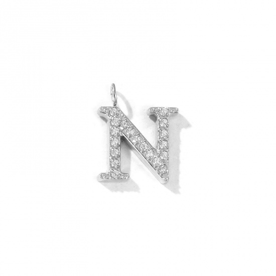 Picture of 2 PCs Eco-friendly 304 Stainless Steel Capital Alphabet Initial Letter Name Charms Silver Tone Message " N " Micro Pave Clear Rhinestone 12.5mm x 10mm