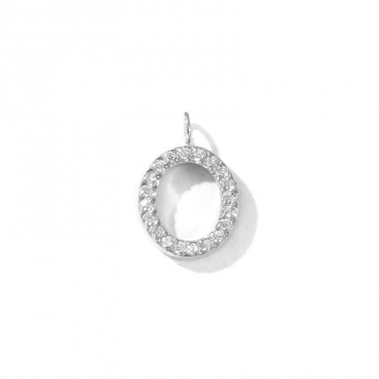 Picture of 2 PCs Eco-friendly 304 Stainless Steel Capital Alphabet Initial Letter Name Charms Silver Tone Message " O " Micro Pave Clear Rhinestone 13mm x 9mm
