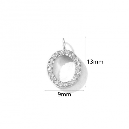 Picture of 2 PCs Eco-friendly 304 Stainless Steel Capital Alphabet Initial Letter Name Charms Silver Tone Message " O " Micro Pave Clear Rhinestone 13mm x 9mm
