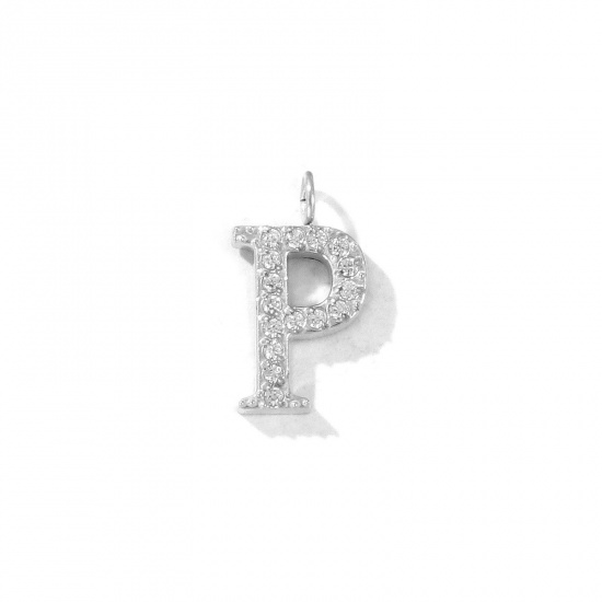 Picture of 2 PCs Eco-friendly 304 Stainless Steel Capital Alphabet Initial Letter Name Charms Silver Tone Message " P " Micro Pave Clear Rhinestone 13mm x 7mm