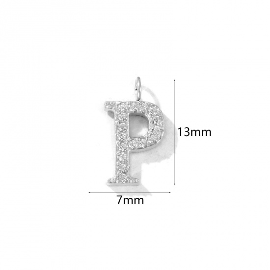 Picture of 2 PCs Eco-friendly 304 Stainless Steel Capital Alphabet Initial Letter Name Charms Silver Tone Message " P " Micro Pave Clear Rhinestone 13mm x 7mm