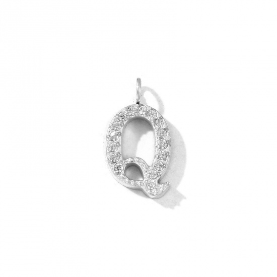 Picture of 2 PCs Eco-friendly 304 Stainless Steel Capital Alphabet Initial Letter Name Charms Silver Tone Message " Q " Micro Pave Clear Rhinestone 14mm x 8mm