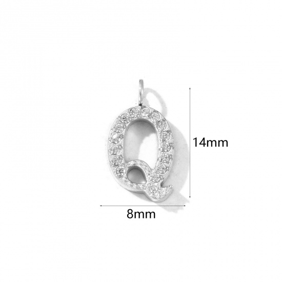 Picture of 2 PCs Eco-friendly 304 Stainless Steel Capital Alphabet Initial Letter Name Charms Silver Tone Message " Q " Micro Pave Clear Rhinestone 14mm x 8mm