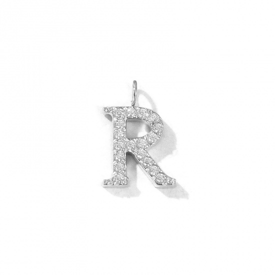 Picture of 2 PCs Eco-friendly 304 Stainless Steel Capital Alphabet Initial Letter Name Charms Silver Tone Message " R " Micro Pave Clear Rhinestone 12.5mm x 9mm